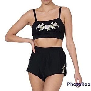 Rya Collection Magnolia Bralette Short Set Black Floral Embroidered NWT M